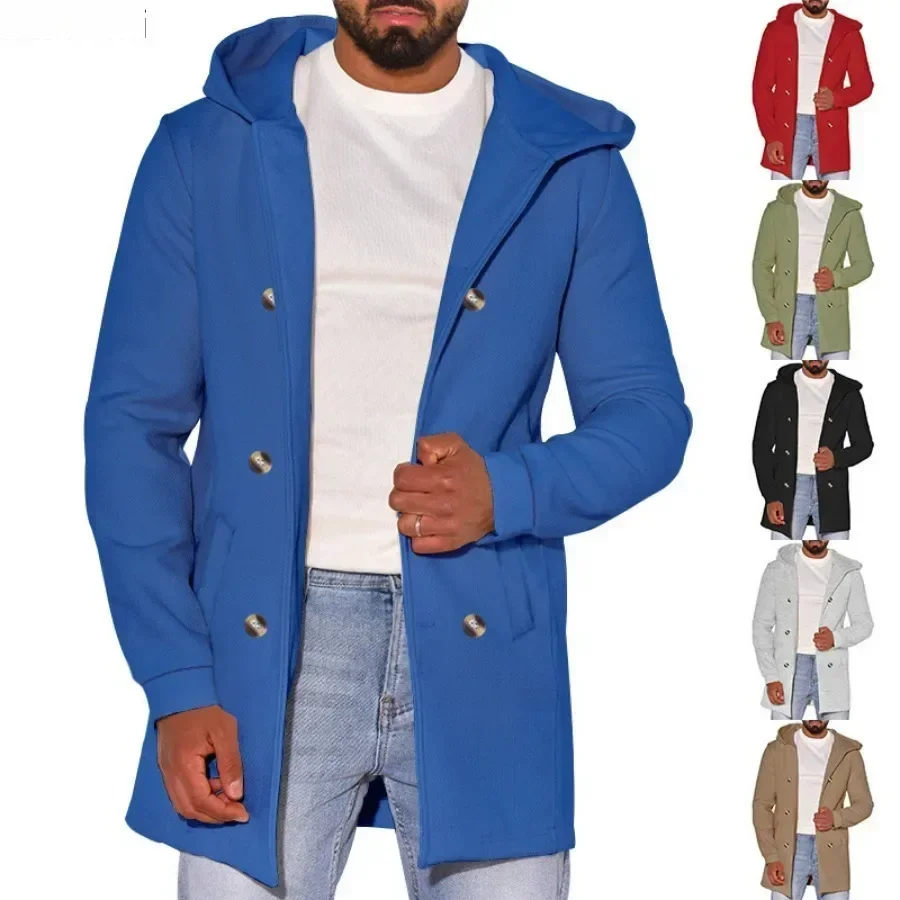 

Men's Woolen Hooded Jackets Mid Length Slim Straight Jackets Outerwear Men Autumn Winter Warm Outdoor Windbreaker Blends