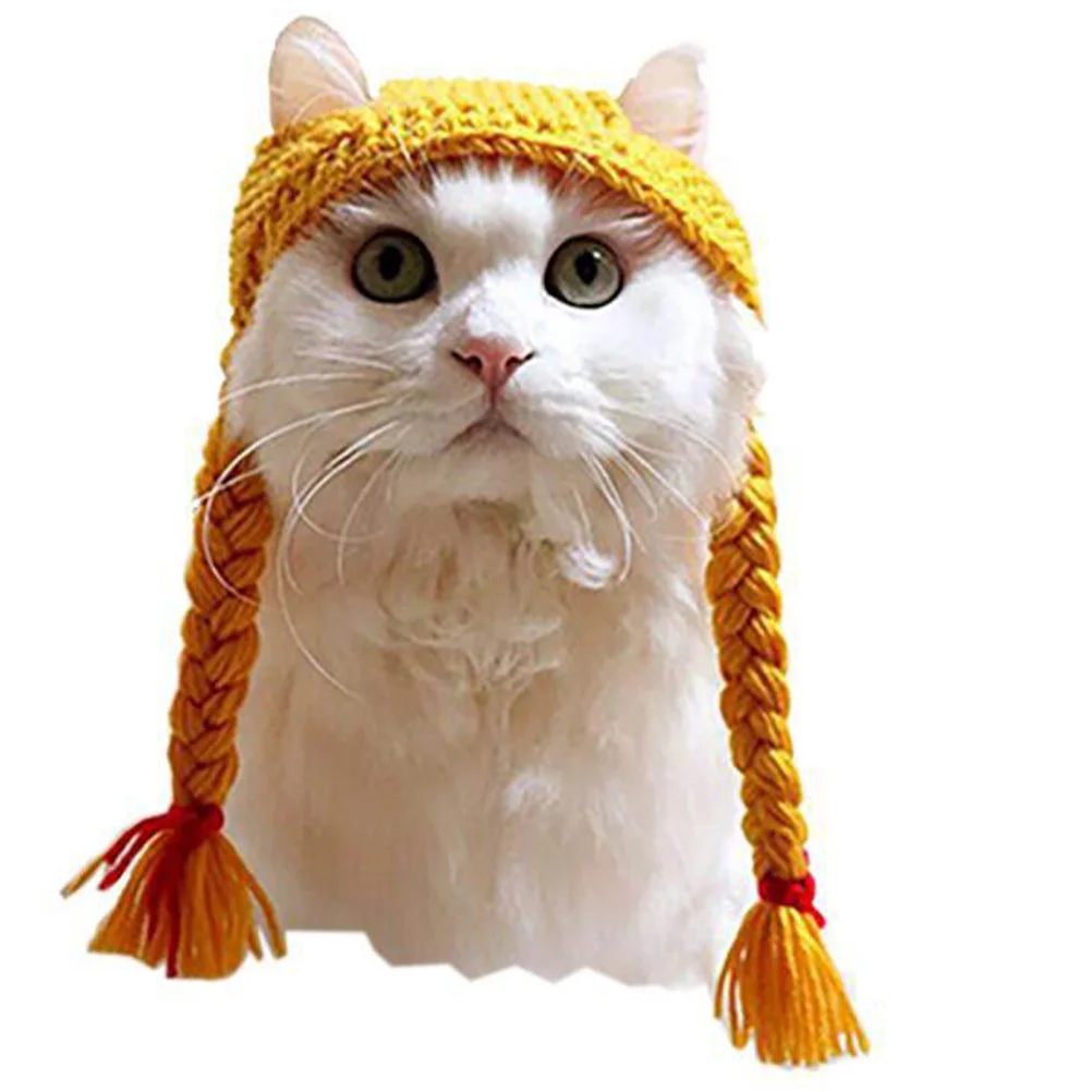

Cat Braid Knitting Hat Soft Wool Yarn Warm Cap for Easter Halloween Christmas Birthday Parties Pet Hat with Braids