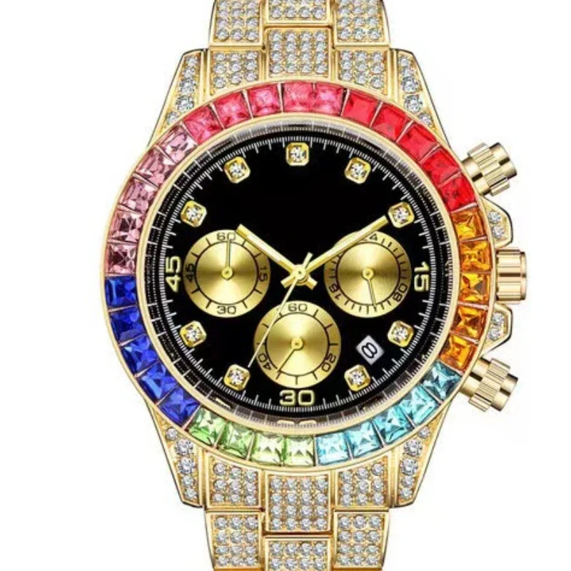 Relojes de pulsera de cuarzo coloridos para hombre, cronógrafo de lujo con diamantes de imitación, calendario, regalo