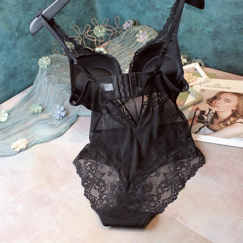 Body de encaje sexy con tirantes huecos para mujer, lencería, top moldeador, sujetador, ropa de casa con estampado floral de ...