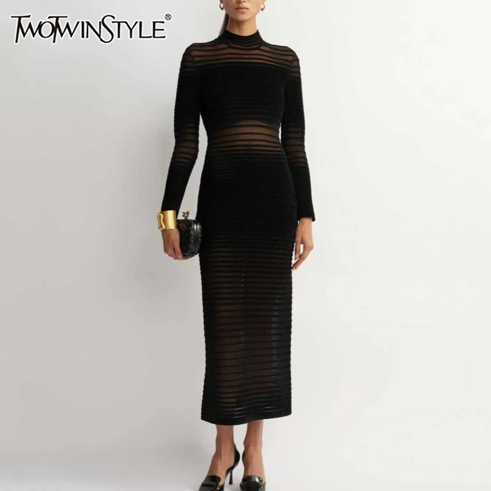 TWOTWINSTYLE Black Spliced Mesh Chic Dress Female O Neck Long Sleeve Slimming Sexy Temperament Women's Dresses Autumn Fashion