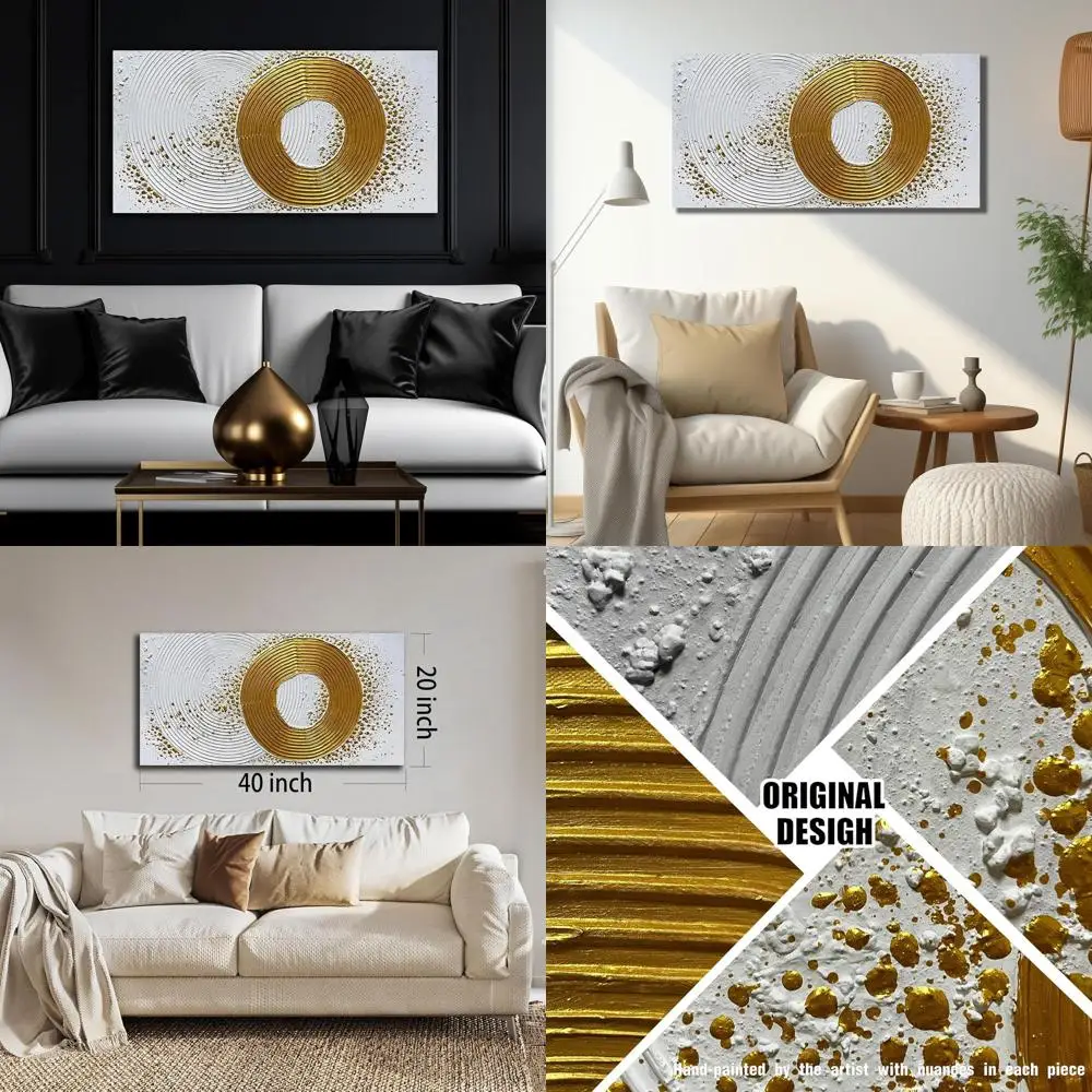 

Элегантное белое и золотое настенное искусство ручной работы для гостиных и офисов, 20x40 дюймов