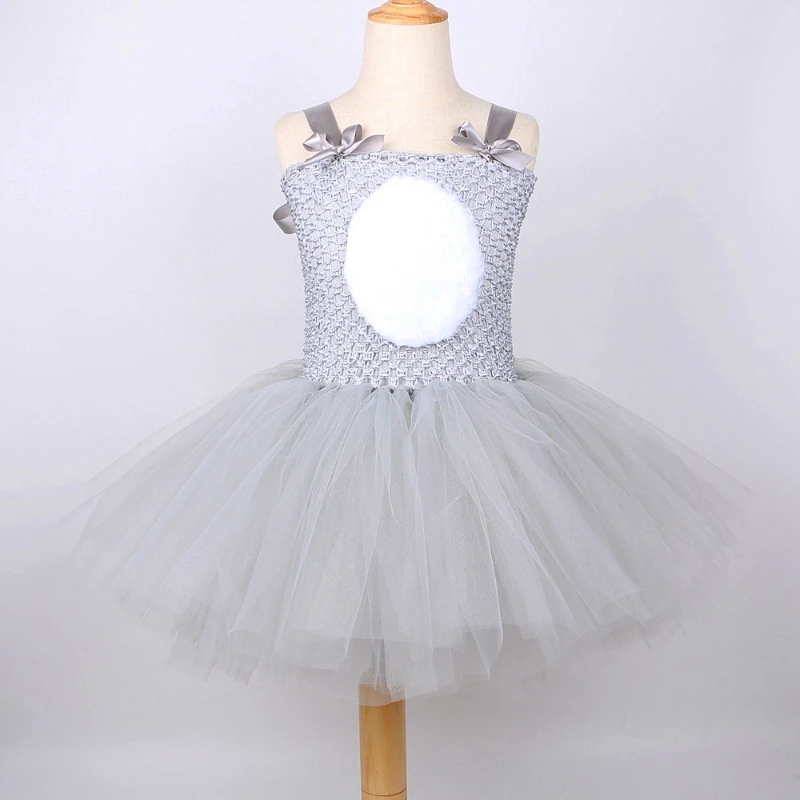 Halloween Easter Bunny Tutu Dress Gray Bunny Children's Dress Girls' Tulle Puffy Skirt Stage Party Dress with Headband and Tail