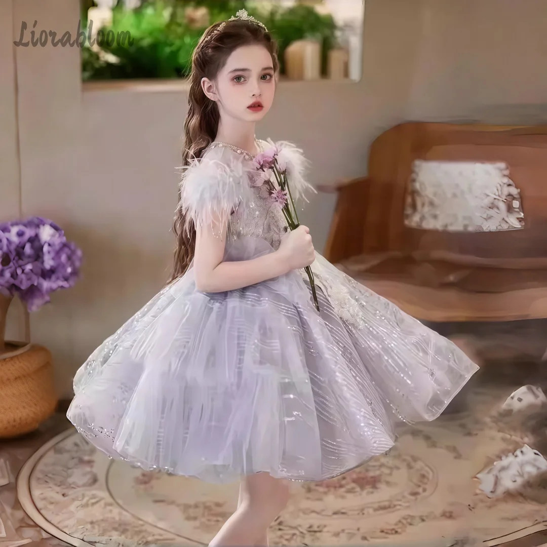 Vestido de Princesa Morado con Plumas, Vestido de Novia, Vestido de Dama de Honor, Vestido de Fiesta, Ropa Formal Elegante