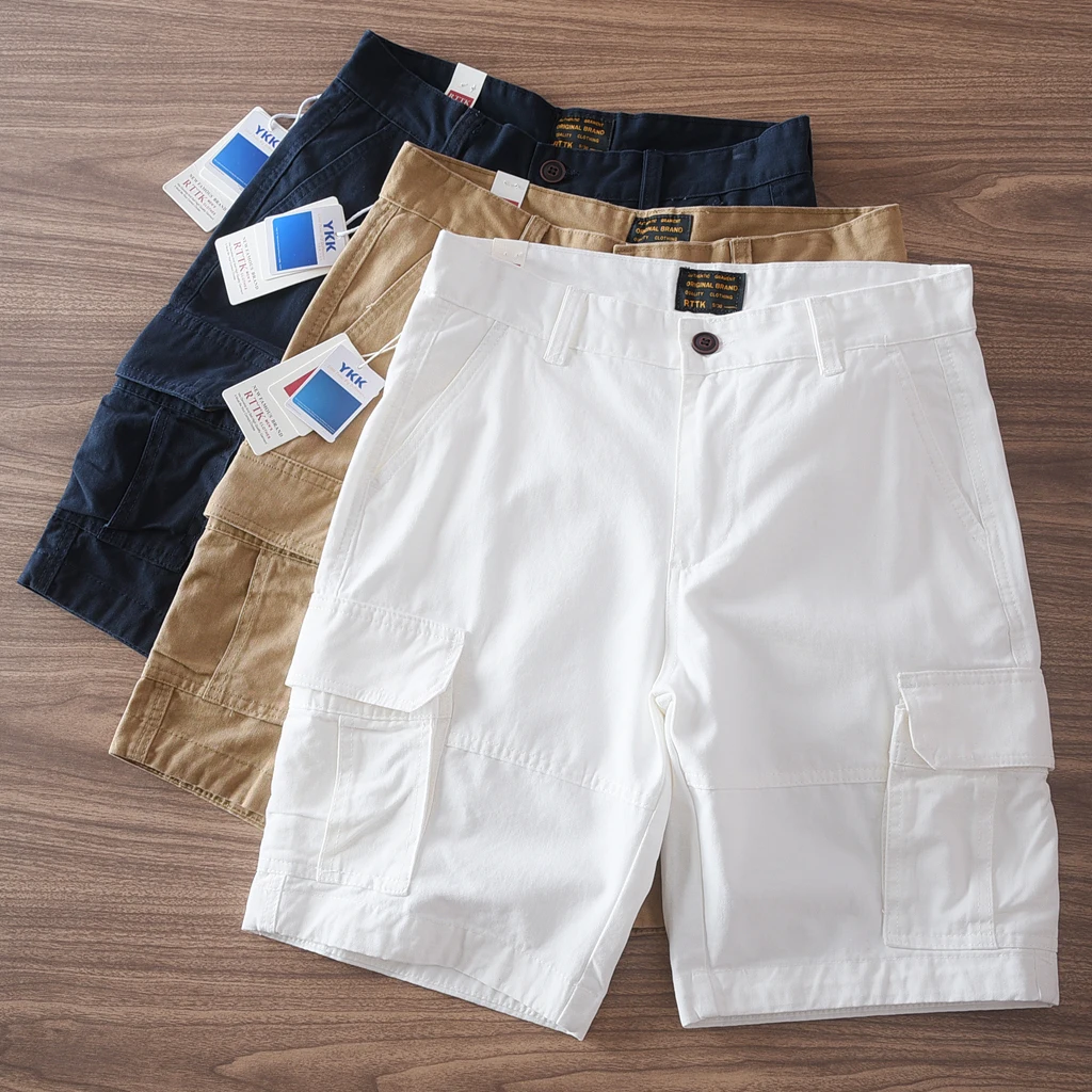 2025 verão novo americano retro tecido multi-bolso carga shorts masculino amekaji 100% algodão lavado casual calças retas de 5 pontos