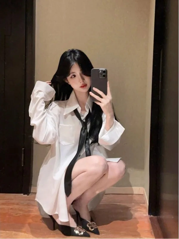 

Sexy Pure Desire White Shirt Loose Slimming Mid-Length Design Women's Long Sleeve Top with Tie Summer Fashion Casual Wear