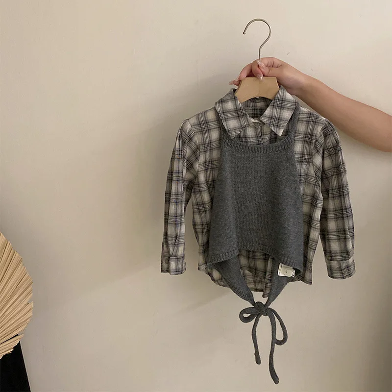 

Girls Plaid Lapel Versatile Long Sleeve Shirt Tie Vest2025New early autumn little girl skirt pants three-piece set