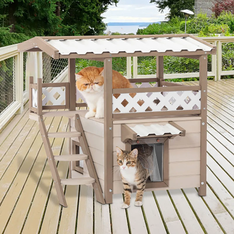 Feral Cat House Outdoor Indoor Kitty Houses With Durable Pvc Roof Escape Door Curtain Stair Outdoor Cat Enclosures Cat Tent