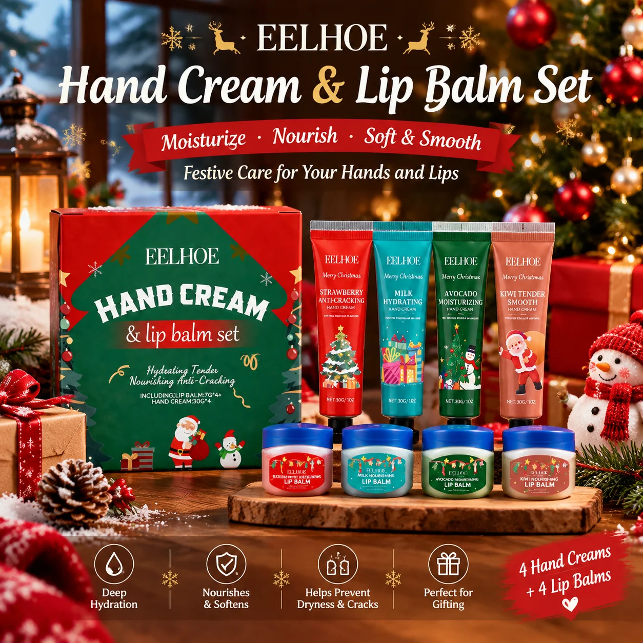 Christmas Gift Set Hand Cream Lip Balm Fruit Scented Stocking Stuffers Natural fruit extracts for Women Holiday Skincare 8 Pcs