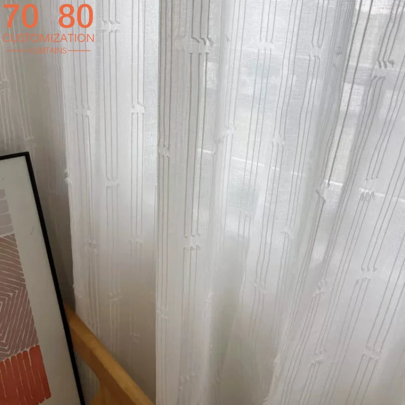 Vertical Strip Tassel Cotton Linen Jacquard White Gauze Curtains for Living Room Bedroom French Window Balcony Window Customized