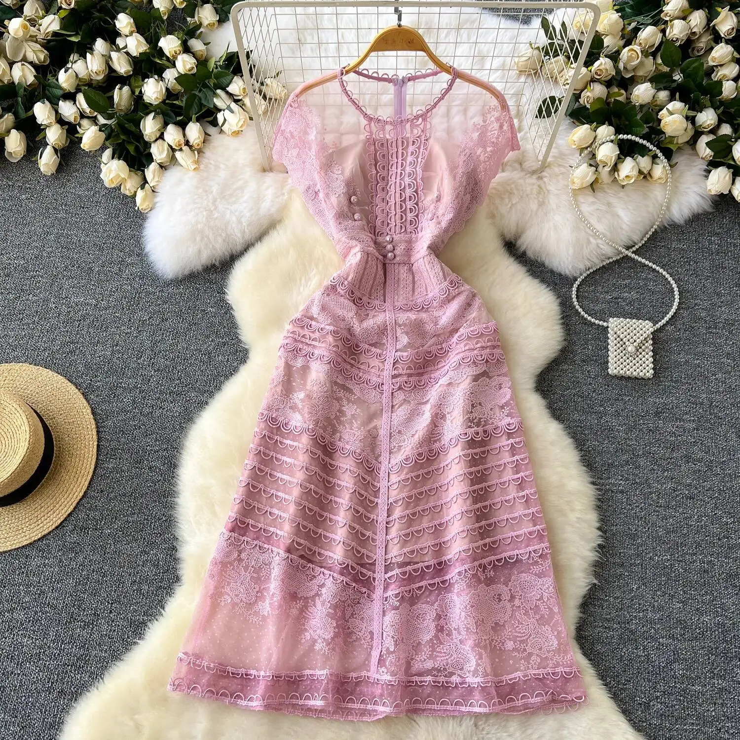 

Винтажные элегантные тонкие платья с круглым вырезом и короткими рукавами, шикарные платья с цветочной вышивкой и крючками, французская вечерняя женская модная одежда