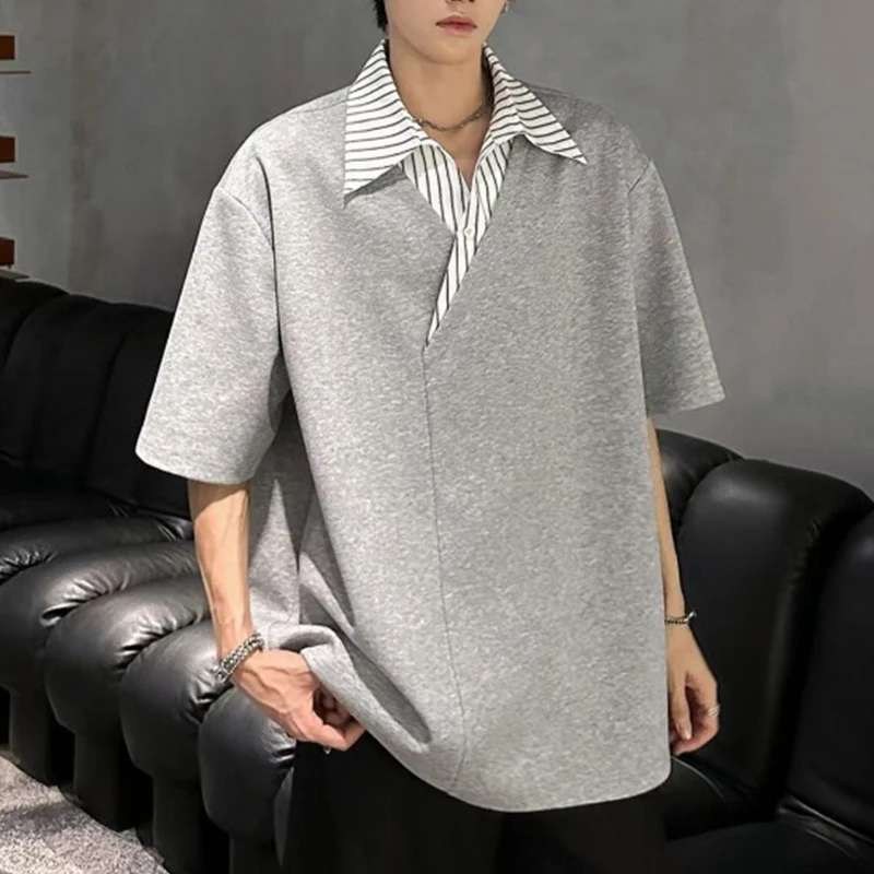 Grey Mens Two In One Polo Shirt Striped Collar Short Sleeve Oversized Casual Tops