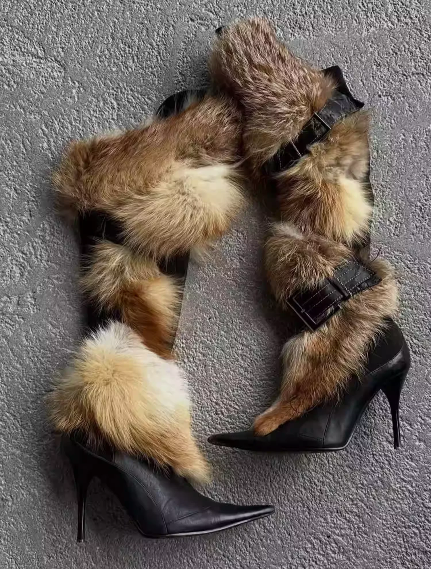 

Black Leather Pointed-Toe Fashion Boots Faux Fur Detailing Crisscross Lace-Up Sexy Stiletto Heel Knee-High Women's Boots