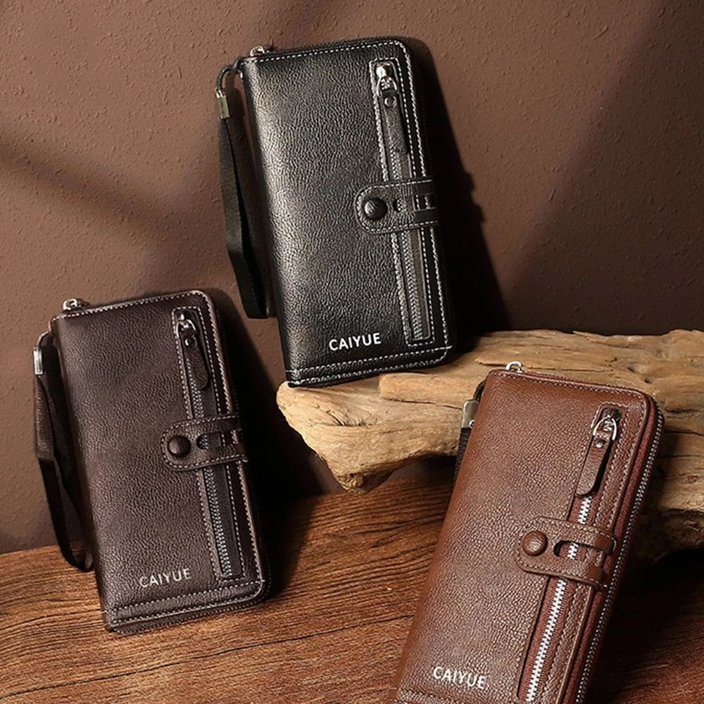 محفظة رجالية طويلة فاخرة سعة كبيرة طبقة مزدوجة محفظة الأعمال سستة بولي Leather جلد الرجال حقيبة صغيرة حامل بطاقة