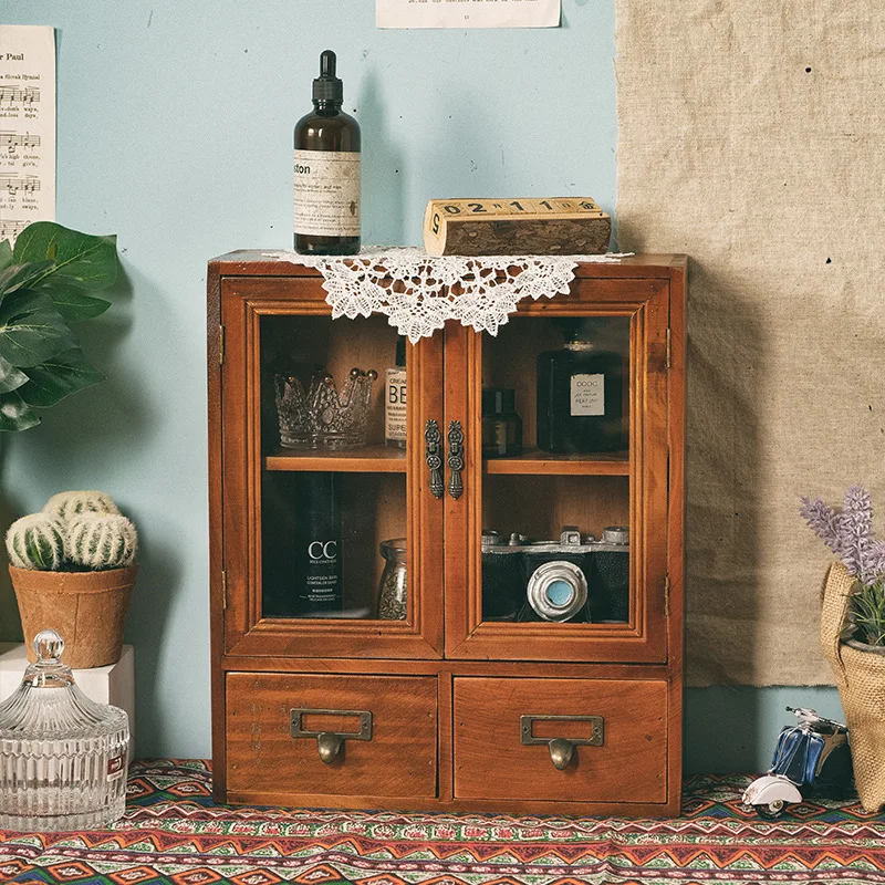 Nordic solid wood retro wood podwójna witryna ekspozycyjna szafka do przechowywania kosmetyków szuflada biurko schowek