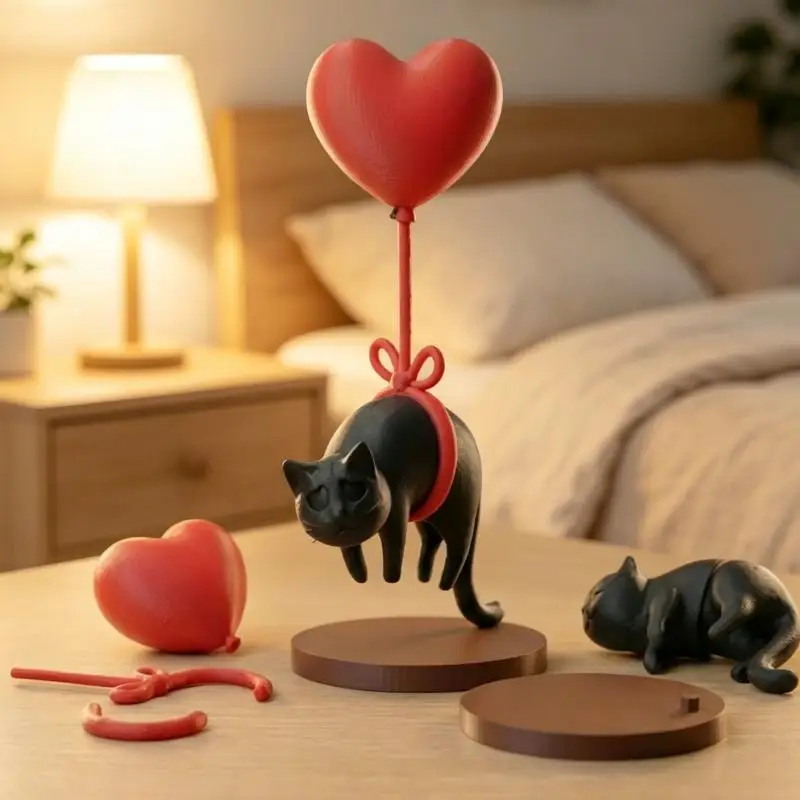 1Pcs Home Bookshelf Bedside Table Ornament Cute Floating Cat Statue With Heart Shaped Balloon Cozy Romantic Desk Decor Gift