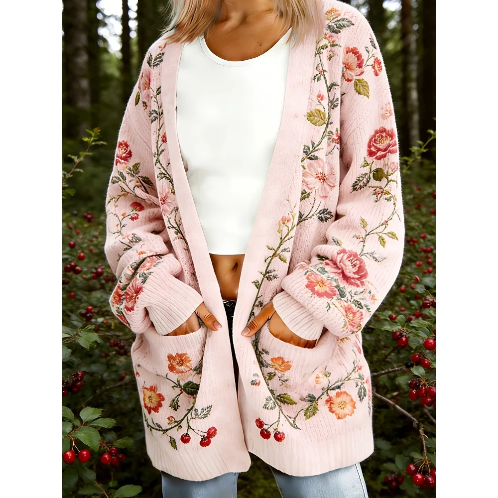 Women Floral Butterfly Print Button Cardigan Coats V-Neck Single Breasted Oversized Jacket Daily Office Travel Casual Outerwear