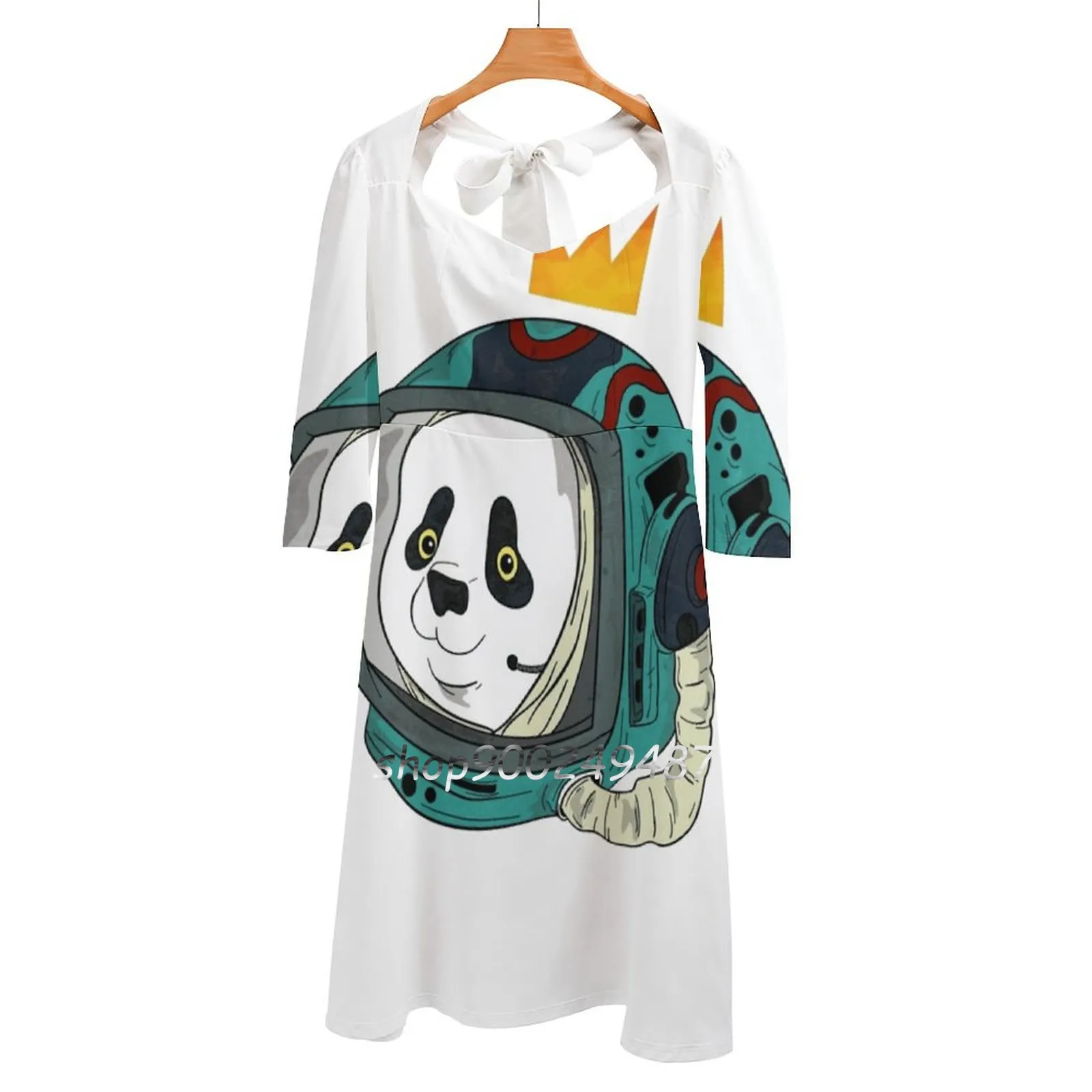 Space King Flare Dress Square Neck Dress Elegant Female Fashion Printed Dress Crown Panda Space Astronaut Helmet