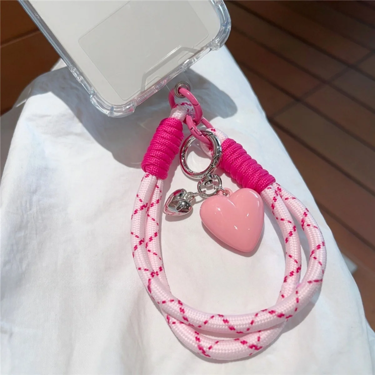 Korean Cute 3D Heart Pendant Braided Rope Phone Chain Charm Strap Cord Keychain For iPhone 16 Lanyards Bag CCD Girl Hanging Rope