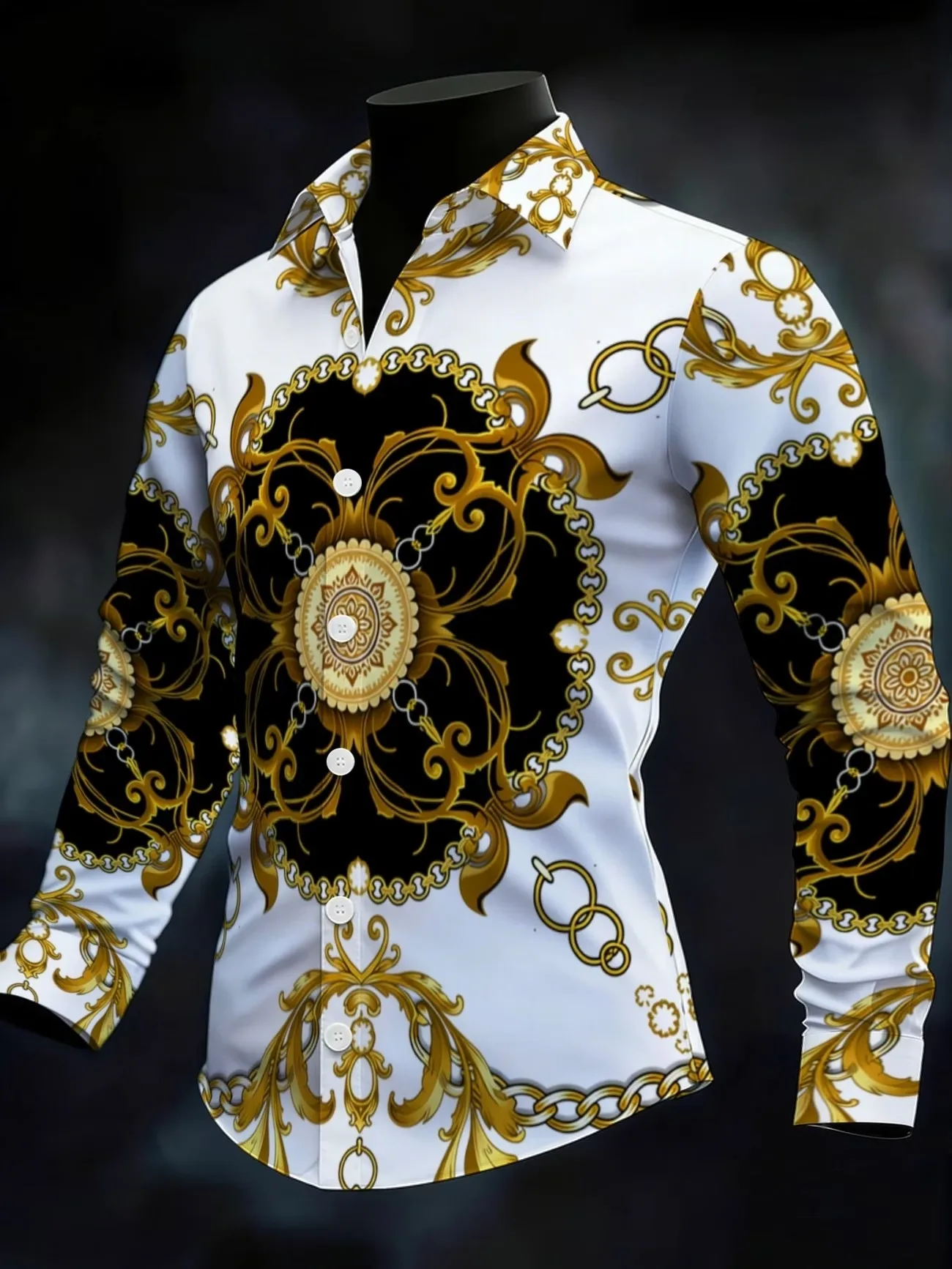 New white background, black gold Baroque men's long sleeved shirt, gold chain badge, rolled grass print shirt