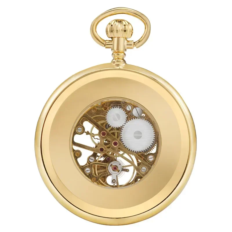 Luxury Yellow Golden Bronze Case Skeleton Display Men Women Handwind Mechanical Pocket Watch Open Face Roman Numeral FOB Chain