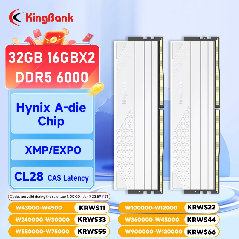 KingBank White CL28 Hynix A die Memoria DDR5 32GB 16GBX2 6000MHZ Rams Memory DDR5 Kit UDIMM Dual Channel Computador Desktop PC