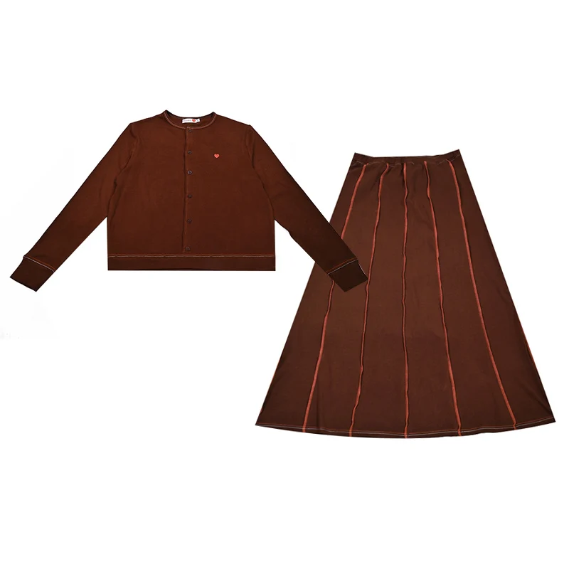 Women's Casual Knit Set Long Sleeve Cardigan And Maxi Skirt with Colored Stitches Front Button Placket And Fake Buttons XS-3XL