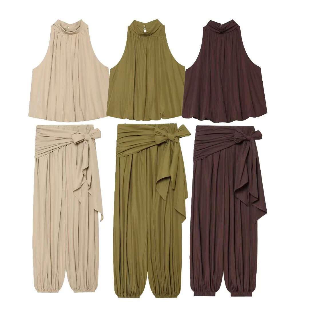 2026 Summer New Women's Casual Bubble Bottom Hanging Neck Collar Top High Waist Lantern Pants Pants Set