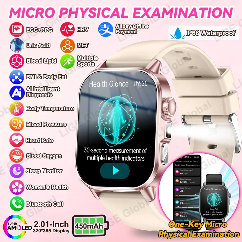 lige-ecg-ppg健康モニタースマートウォッチ懐中電灯付き女性用血圧血中脂質尿酸女性用生理周期スマートウォッチ2026