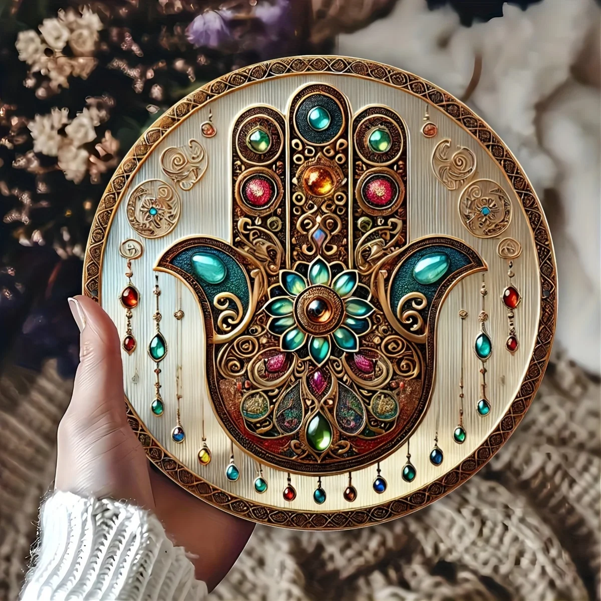 Bohemian Religious Gem Hand Aluminum Sign - Multifunctional Round Decor, Perfect for Home, Garden, Porch & Living Room Wall Art