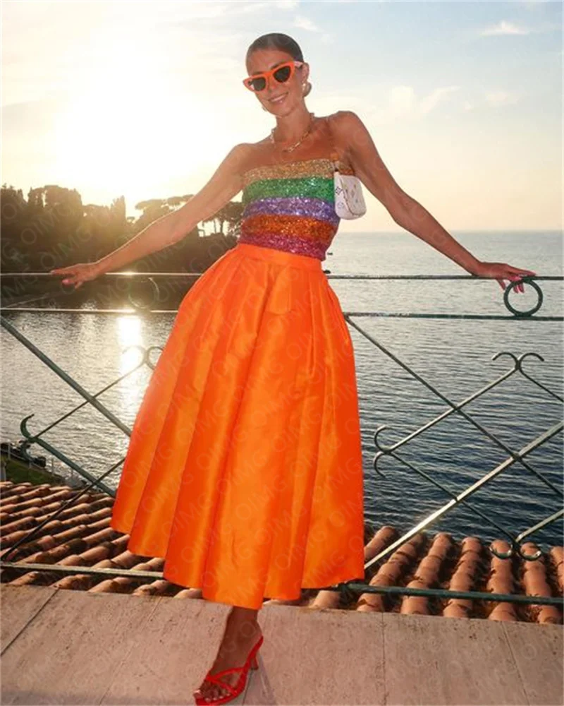 OIMG-vestido de noche corto naranja con lentejuelas para mujer, traje de corte A, sin mangas, Arbaic, para fiesta de graduación y noche, 2023