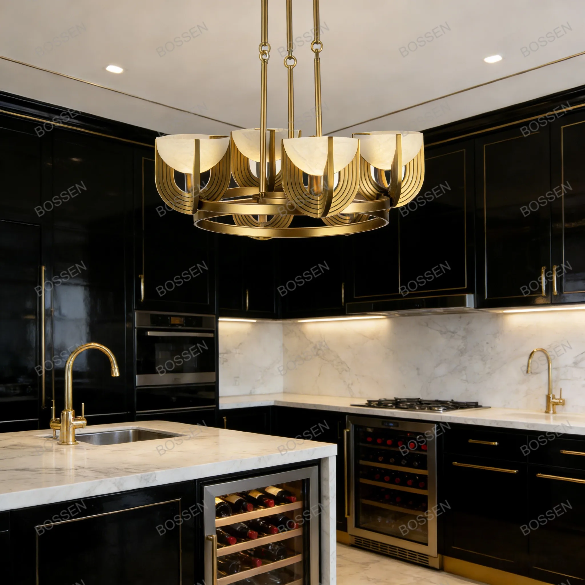 

BOSSEN Nordic Minimalist Ring Chandelier 2026 White Marble Gold Metal Pendant Lamp Dimmable Luster Adjustable for Restaurant