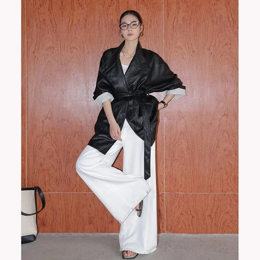 Black Medium To Long Leather Jacket Women's Early Morning High-end Feeling Retro Temperament Loose Jacket Coat