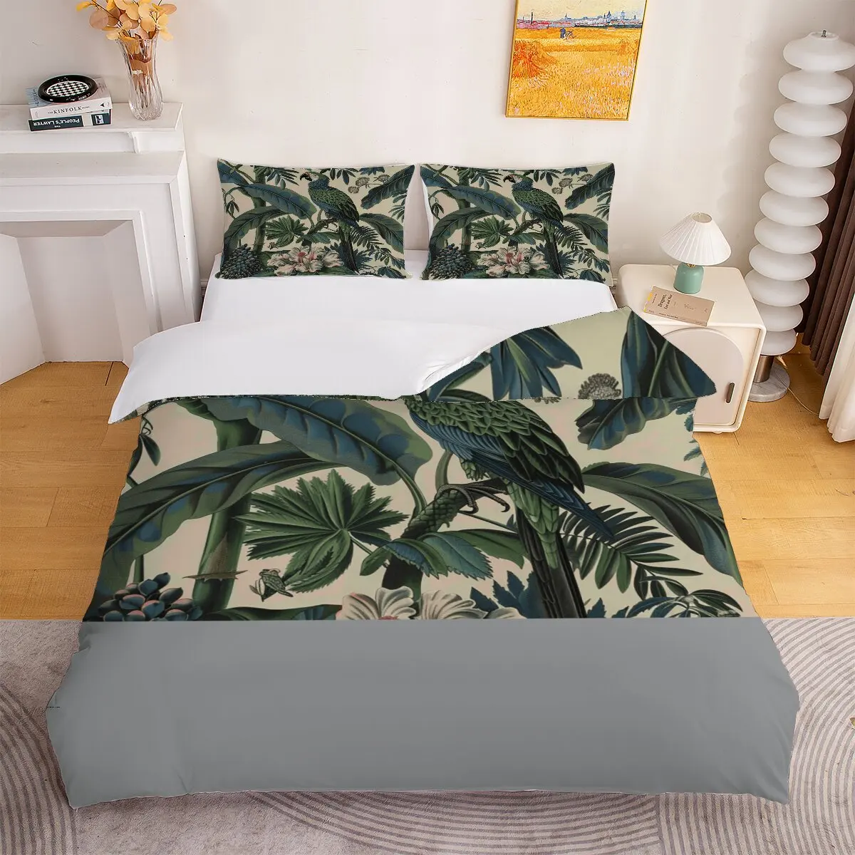 Parrots and flowers  Down comforter set, extra large size  Green   Room decoration bedding set