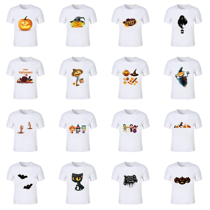 Nova camiseta infantil de halloween, meninos e meninas, estampa de desenho animado, manga curta, camiseta de abóbora infantil