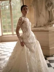 A-line Long Wedding Dress With Detachable Jacket High Neck Lace Appliques Customized Long Sleeves Wedding Dress Bridal Gown 2025