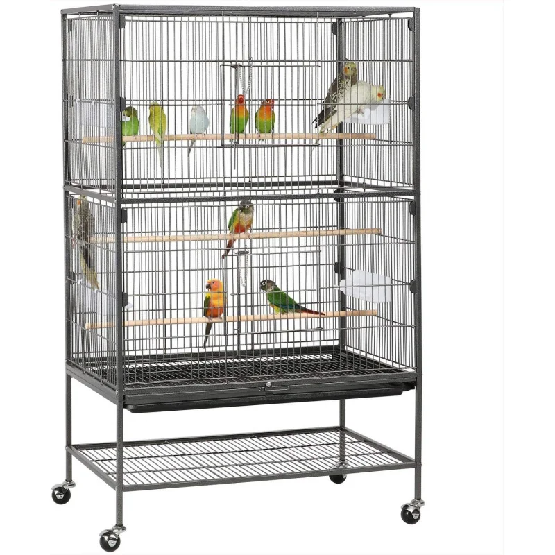 

52'' Sturdy Metal Flight Bird Cage, Large Equipped with Perches Feeders, Pull-Out Removable Tray, Universal Rolling