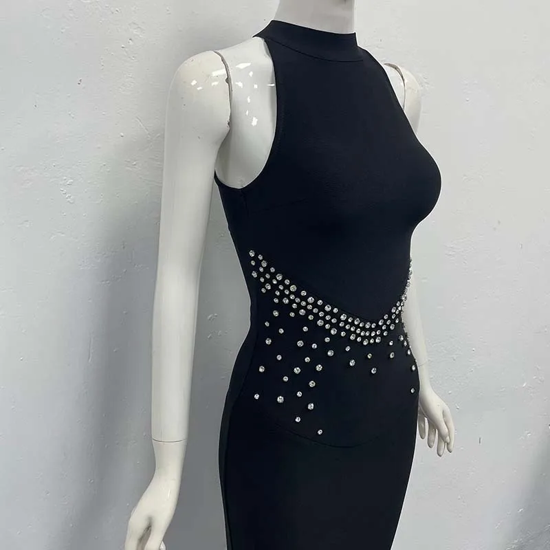 ชุดเดรสยาวทรงเมอร์เมดสีดำหรูหรา ประดับเพชร แขนกุด เซ็กซี่ สำหรับผู้หญิง ชุดราตรีออกงานพรมแดงแบบดารา