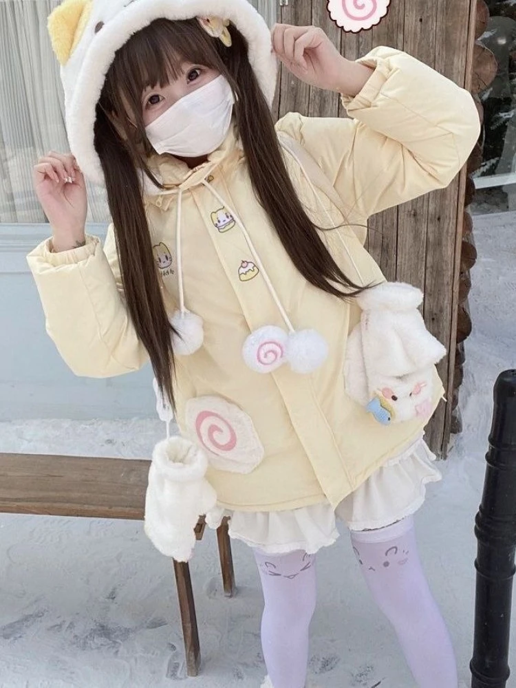 Kawaii Sweet Loose Cotton-padded Jacket Women Warm Lovely Hooded Long Sleeve Embroidery Overcoat Fashion Casual Cat Ear Coat New