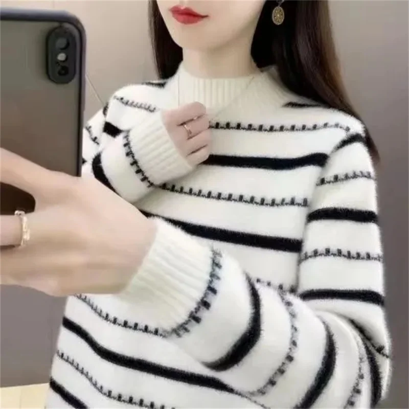 

Mink Velvet Knitwear Ladies Pullover Sweater Women's Autumn Winter New Coat Add Velvet Padded Striped Bottoming Shirt Loose Tops