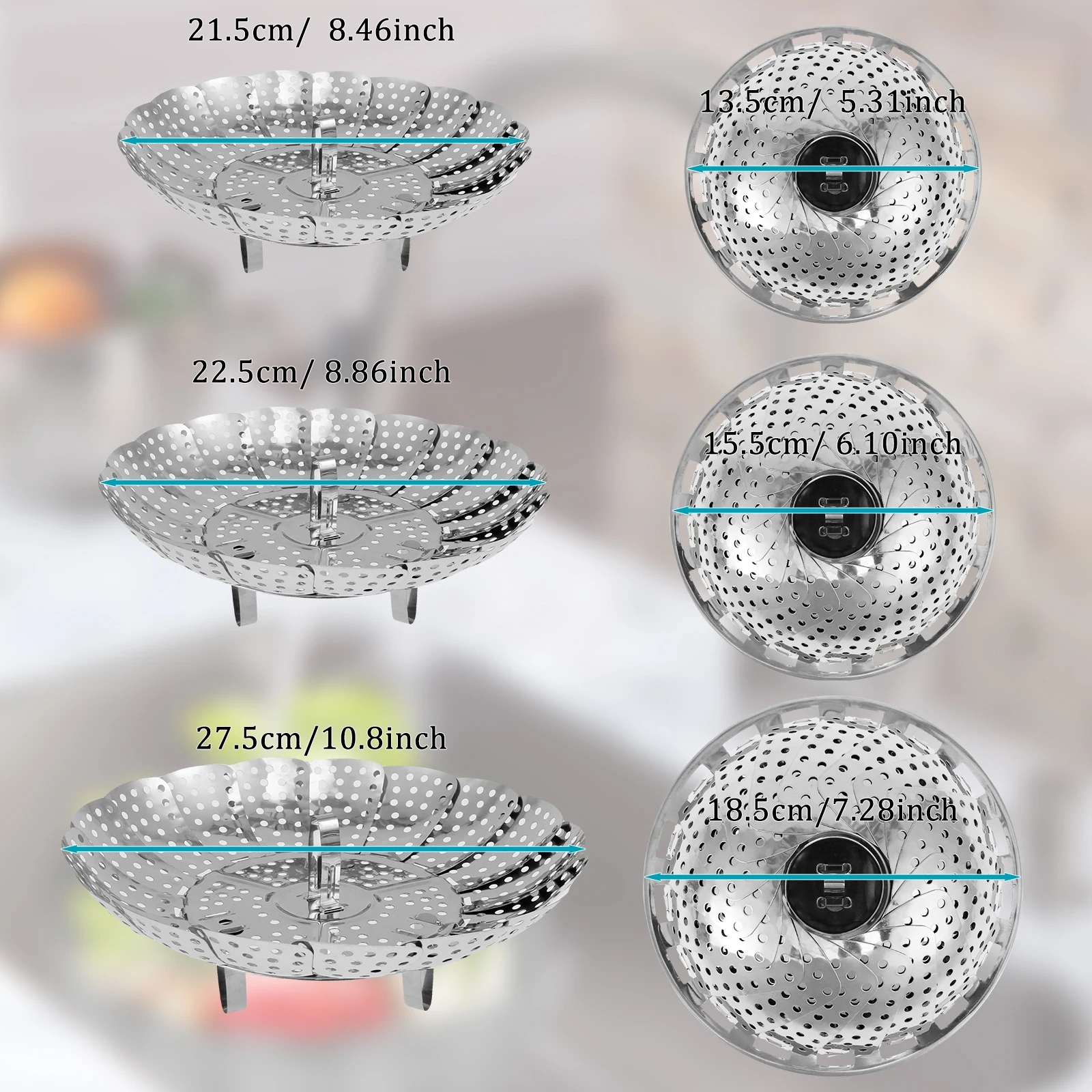 3-Size Stainless Steel Vegetable Steamer Basket Folding Expandable Vegetable Steamer Inserts Kitchen Tool for Steaming Cooking