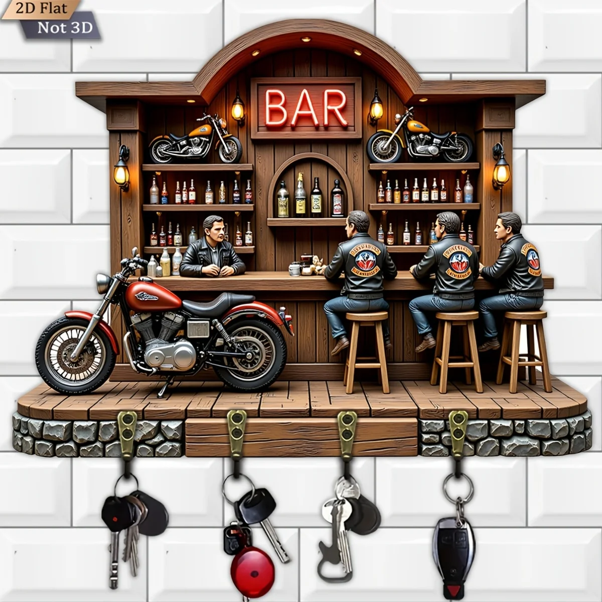 2D Flat, 1pc, Motorcycle Bar Theme Key Hook, Wooden Multifunctional Home Key Rack, with Four Metal Hooks, Wall Decoration,