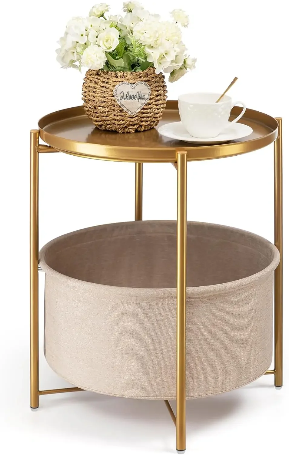 

Round Side Table with Fabric Storage Basket, Metal Small Bedside Nightstand with Removable Tray Top for Living Room, Bedroom