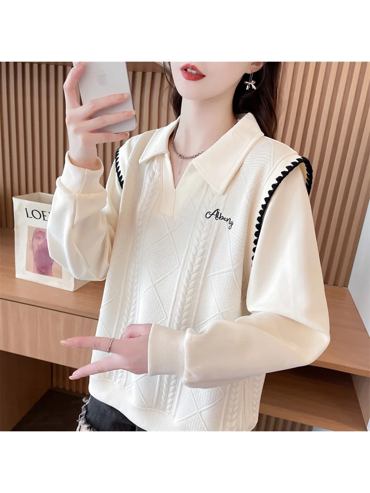 American Retro Campus Simplicity Top Elegant Spring Autumn Polo Collar Embroidery Letters Embossing Fashion Softness Pullovers