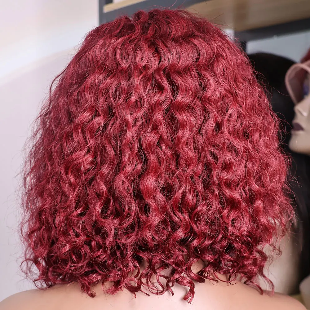 99j Bordeaux Krullend Bob Pruik Echt haar Diepe golf 13x4 Hd Kanten Voorkant Pruik 200% Haardichtheid Kort Bordeaux Watergolf Pruik van echt haar