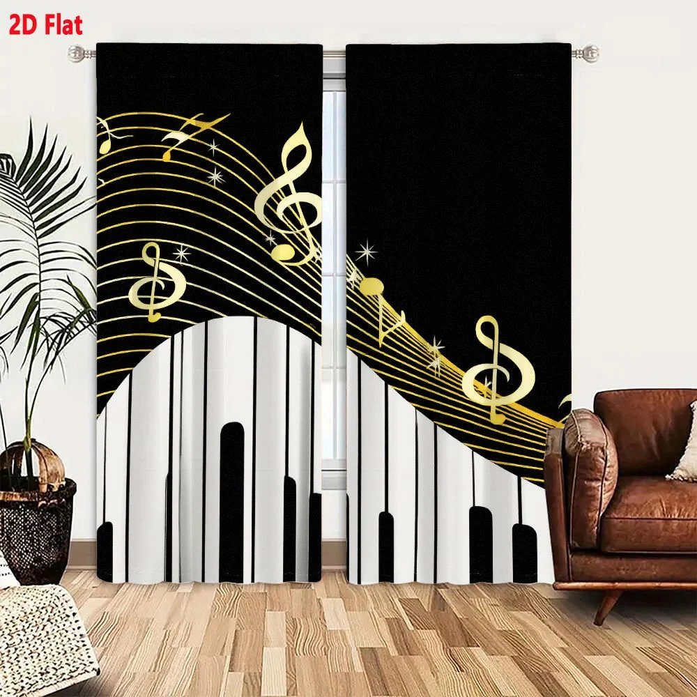 2Pcs Curtains 2D Flat Golden Musical Staff With Treble Clefs And Piano Keyboard Design On Black Background Window Drapes for Bed