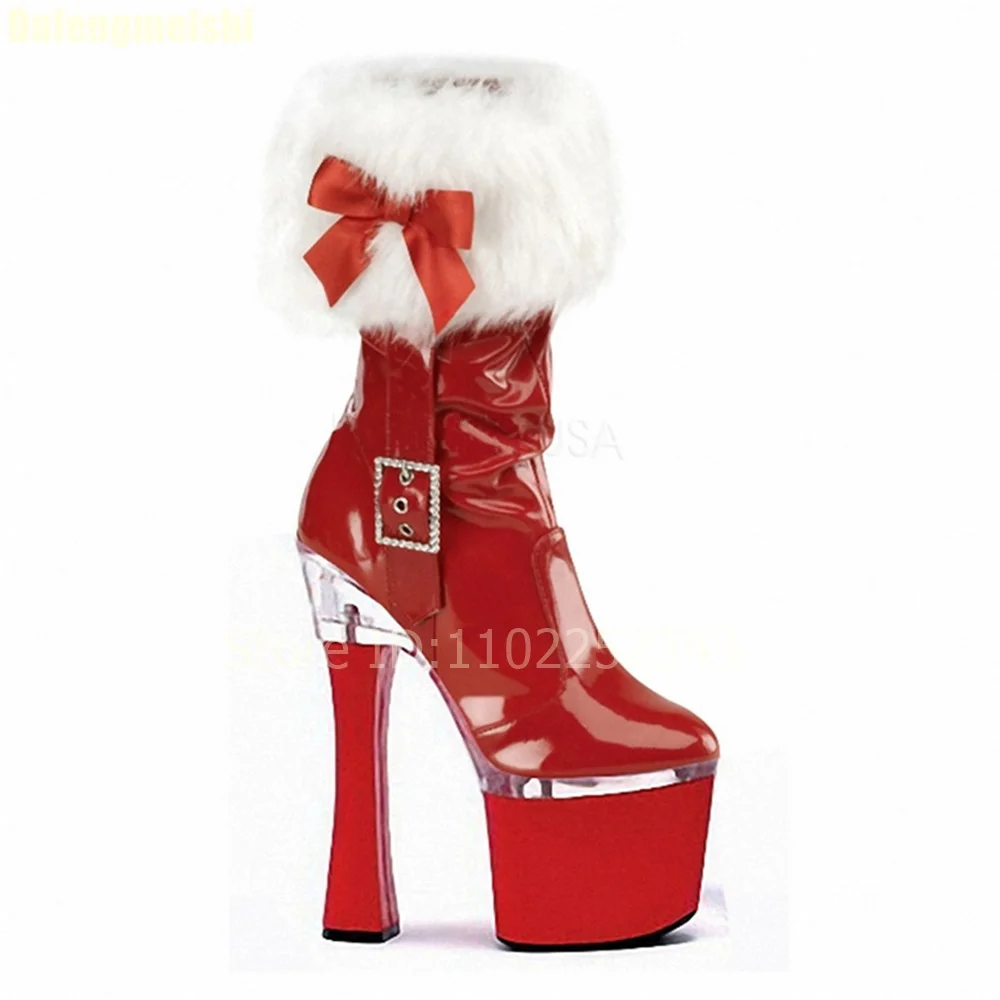 

15Cm High Heel Plush Boots Women Christmas Holiday Leather Boots Crystal Platform Thin Heel Fashion Stage Catwalk Boots