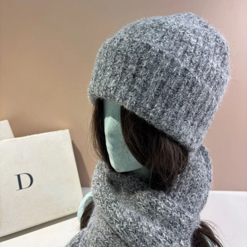 Women Winter Thick Angora Knit Beanie Scarf 2Pcs Set Warm Ear Protection Korean Hat Muffler Outdoor Cold Weather Accessories