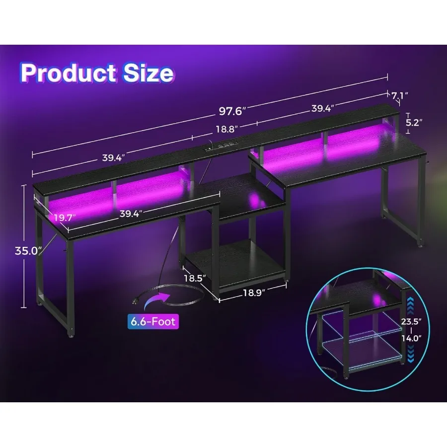 مكتب ألعاب 98 بوصة لشخصين مع أرفف تخزين لمكاتب كتابة الكمبيوتر المكتبية المنزلية المزدوجة الطويلة التي تتميز بشحن USB #3