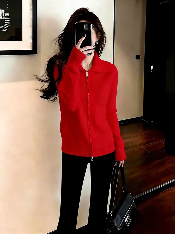 

Red Zipper Knitted Open Cardigan Women's Faionable Turn-down Collar Slimming Versatile Elegance Top Spring 2026 New Arrival
